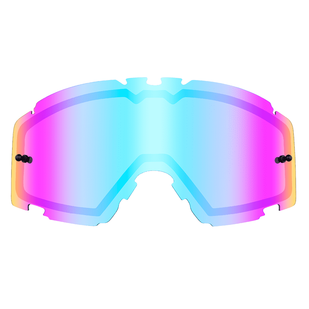 The O'NEAL B-30 Goggles Spare Double Lens by O'NEAL has an iridescent, reflective lens with blue, purple and pink color gradient, which is shown from the front on a transparent background.