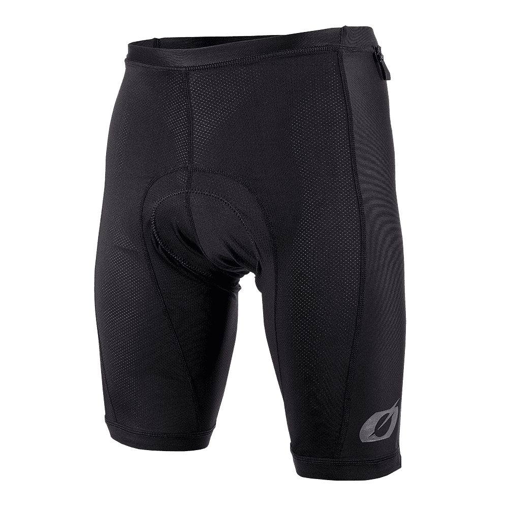 O'NEAL MTB INNER SHORTS: Schwarze, gepolsterte, eng anliegende Radhose mit strukturiertem Stoff, kleinem Logo am linken Bein und hohem Bund - ideal als Innenhose beim MTB-Fahren. Marke: O'NEAL.