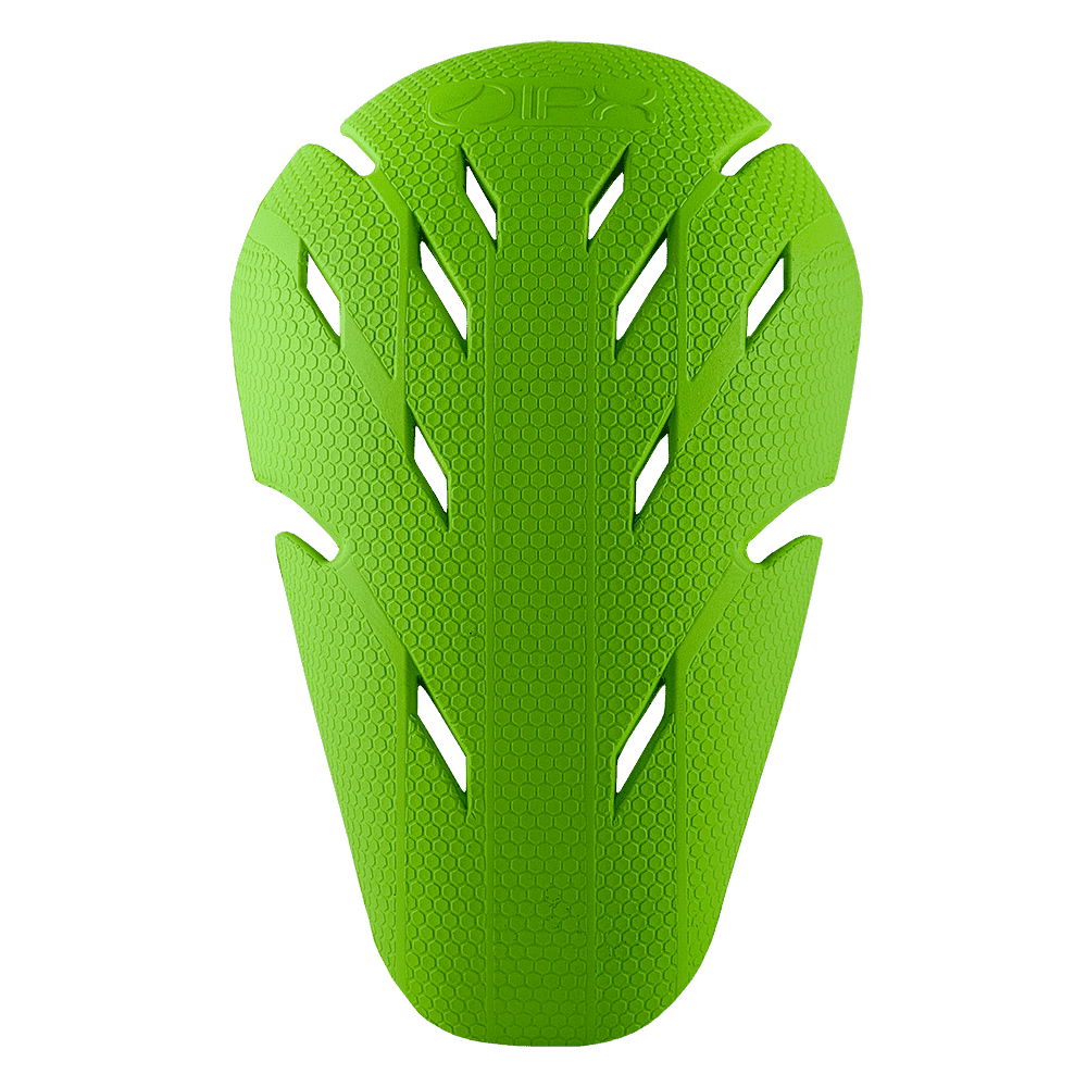 The O'NEAL IPX-HP from O'NEAL is a bright green, curved protective pad with a hexagonal structure and angular cut-outs, designed to be inserted into clothing or equipment for protection while playing sports or riding a motorcycle.