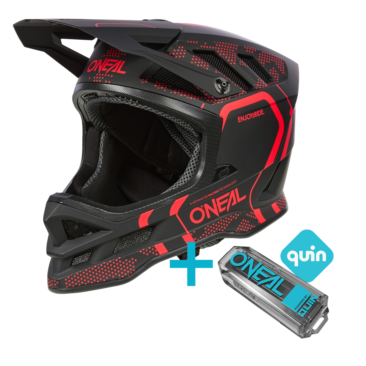 El O'NEAL Blade Strike Quin Bundle es un casco integral de BTT negro y rojo de O'NEAL que está equipado con un Sensor Inteligente Quin Pro y un logotipo Quin azul para resaltar su compatibilidad con el sistema de seguridad Quin.