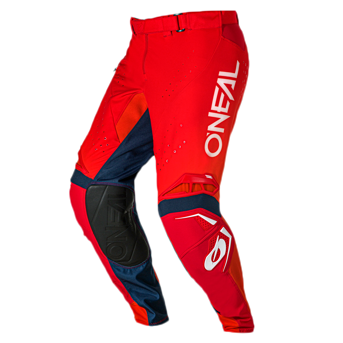 Los pantalones de motocross O'NEAL Prodigy FIVE FIVE FADE de O'NEAL vienen en rojo/naranja/azul marino con la marca en blanco. Incorporan rodilleras, un diseño perforado, una cintura segura y costuras detalladas para combinar estilo y funcionalidad.