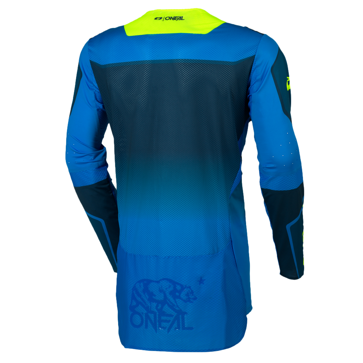 La vista posteriore mostra la O'NEAL Prodigy Jersey FIVE FIVE RACE: una maglia da motocross a maniche lunghe di colore blu-verde con accenti gialli, inserti di ventilazione in rete e una grafica a forma di orso, oltre alla scritta "O'Neal" sulla parte bassa della schiena.