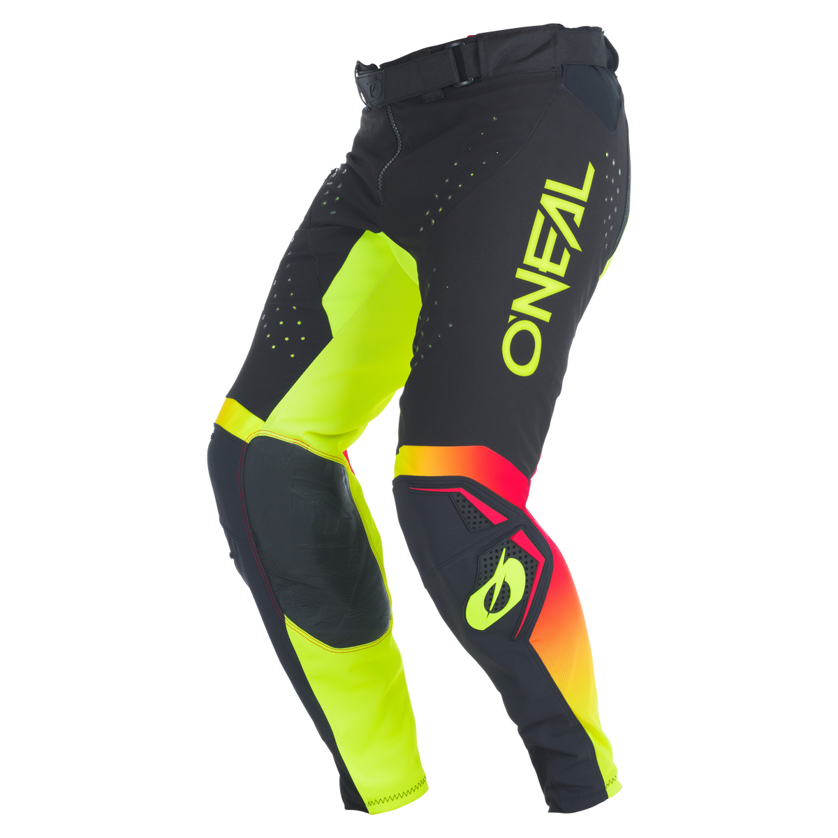 Pantaloni O'NEAL Europe Prodigy FIVE SIX in nero/giallo neon, con ginocchia rinforzate e un accattivante logo sulla coscia sinistra, ispirato al design del motocross e raffigurato su sfondo bianco.