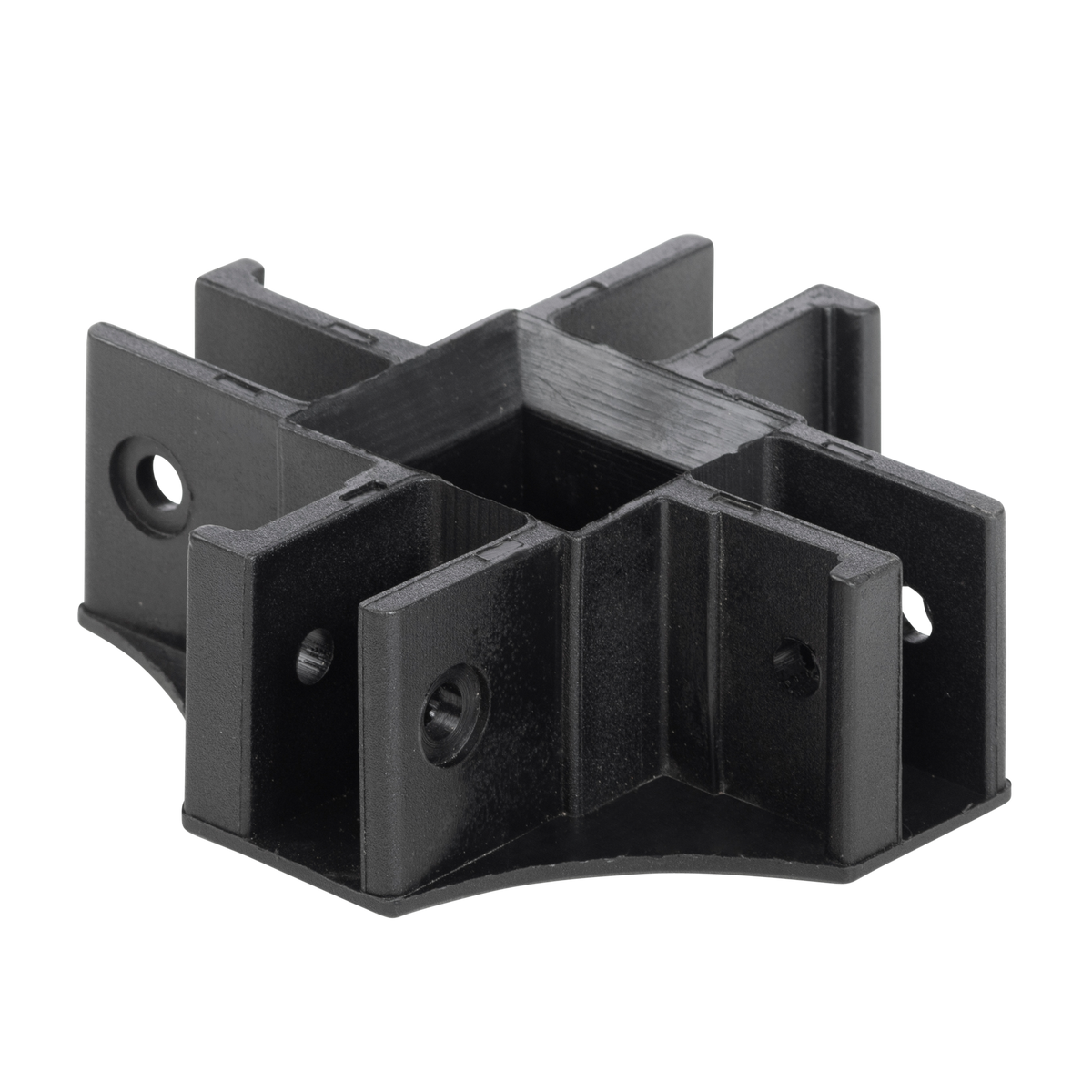 Le O'NEAL RACE TENT Centre Bottom Connector de O'NEAL est une pièce en plastique noir en forme de X avec plusieurs fentes et trous pour connecter quatre supports ou barres à angle droit.