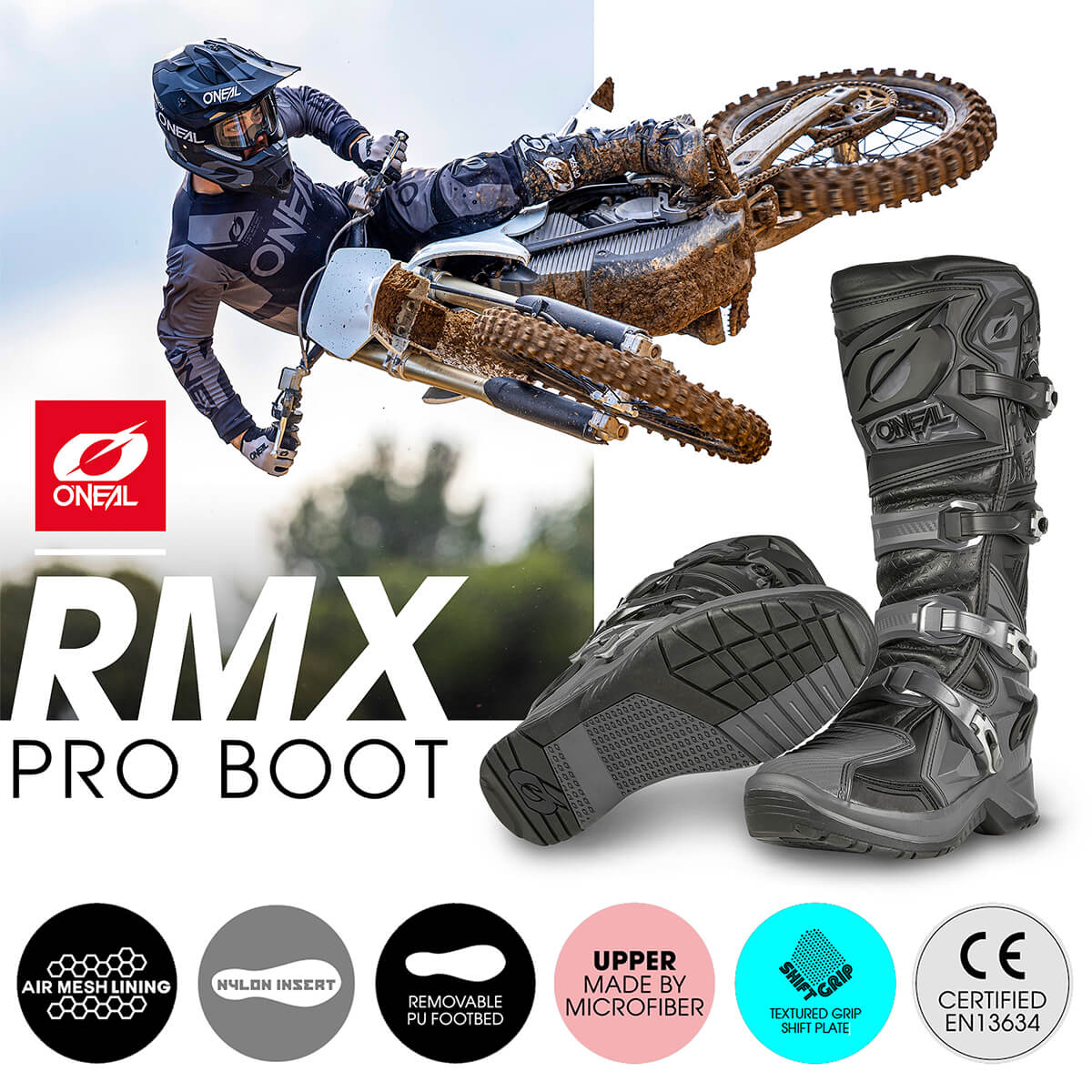 Ein Motocrossfahrer in voller Ausrüstung macht auf einem Dirtbike einen Sprung in der Luft. Der Overlay-Text lautet „O'Neal RMX Pro Boot“ mit Bildern des Stiefels, die seine Eigenschaften zeigen: Air-Mesh-Futter, Nylon-Einsatz, herausnehmbares PU-Fußbett, Obermaterial aus Mikrofaser, strukturierter Griff und CE-Zertifizierung.