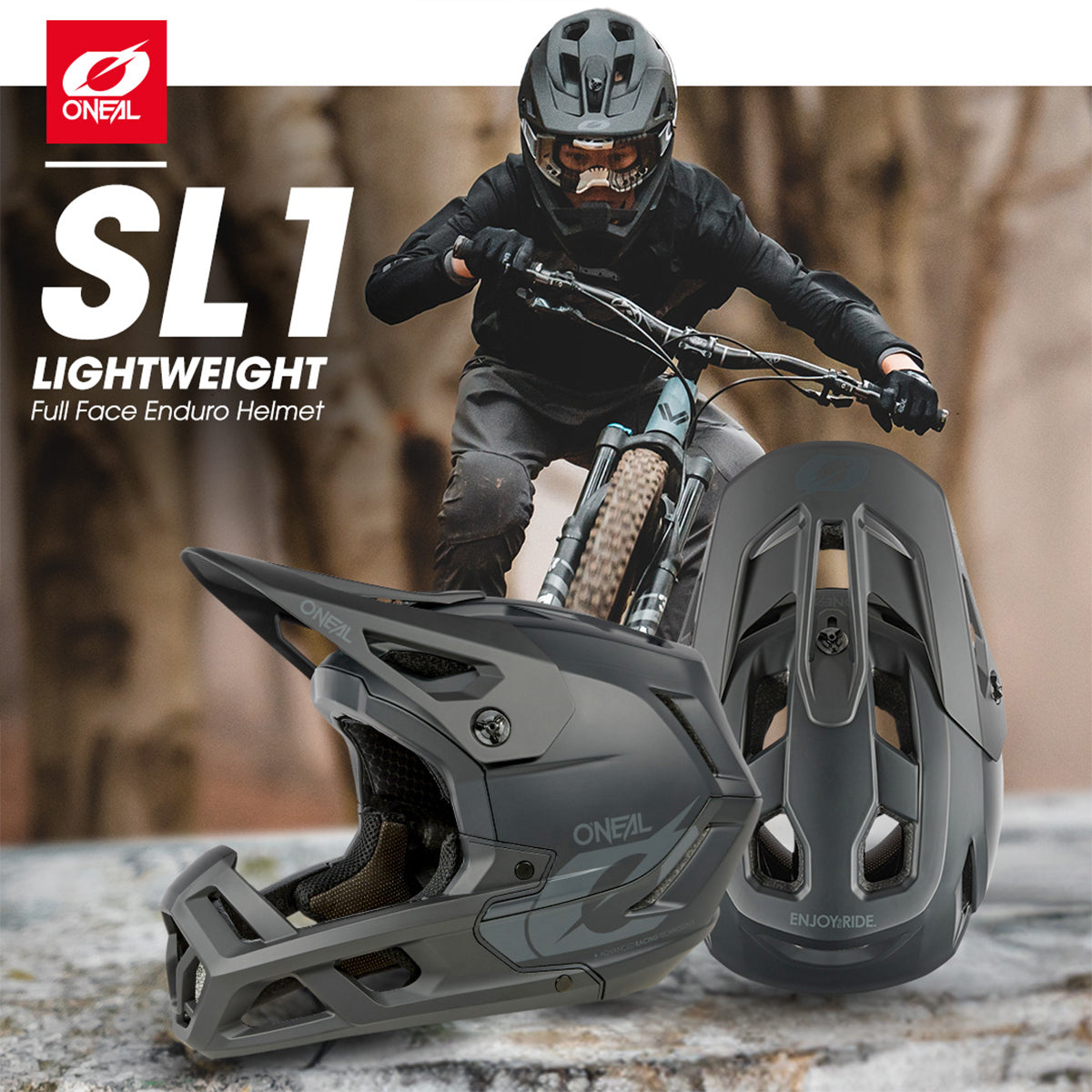 Gezeigt wird eine Person, die einen Helm trägt und mit einem Mountainbike bergab fährt. Der Text „O'Neal SL1 Lightweight Full Face Enduro Helmet“ wird angezeigt. Vor dem Fahrer werden zwei Helme präsentiert, deren Design und Funktionen hervorgehoben werden.