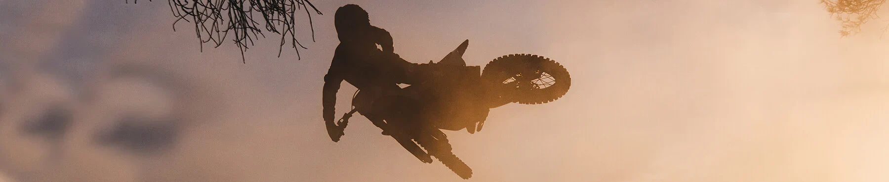 Silhouette einer Person, die vor dem Hintergrund eines Sonnenuntergangs einen Stunt auf einem Dirtbike in der Luft ausführt. In den oberen linken und rechten Ecken sind kahle Äste zu sehen.
