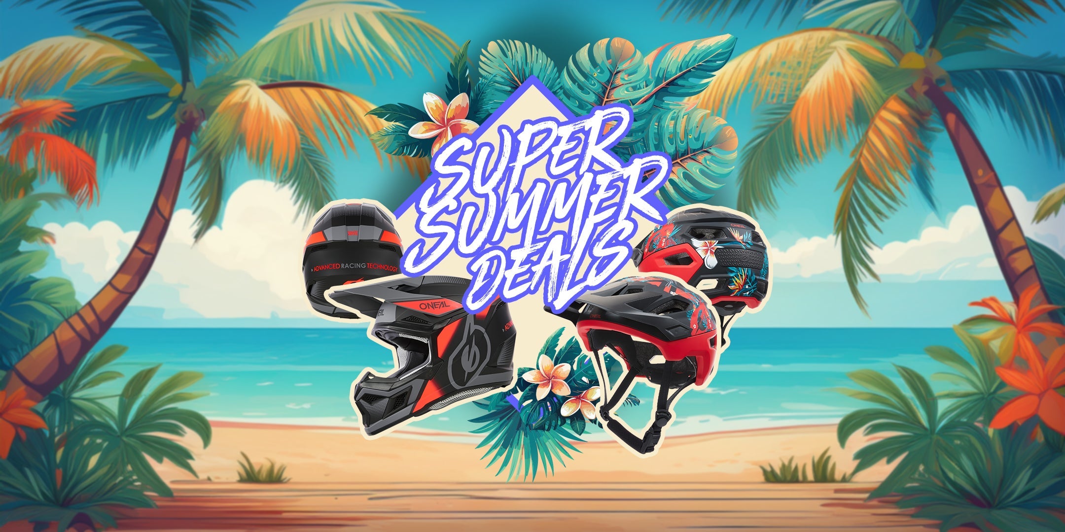 Vier Motocross-Helme sind auf einem tropischen Strandhintergrund mit Palmen und einem leuchtenden "Super Summer Deals"-Schild in der Mitte abgebildet.