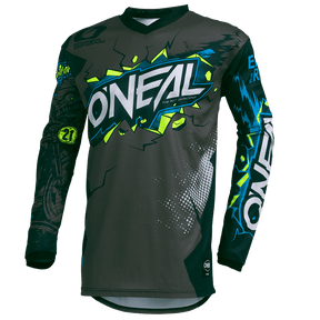 Le maillot ELEMENT VILLAIN d'O'NEAL se distingue par ses graphiques voyants vert fluo, bleu, blanc et noir, son tissu respirant pour un confort optimal et l'inscription "O'NEAL" sur la poitrine et les manches.