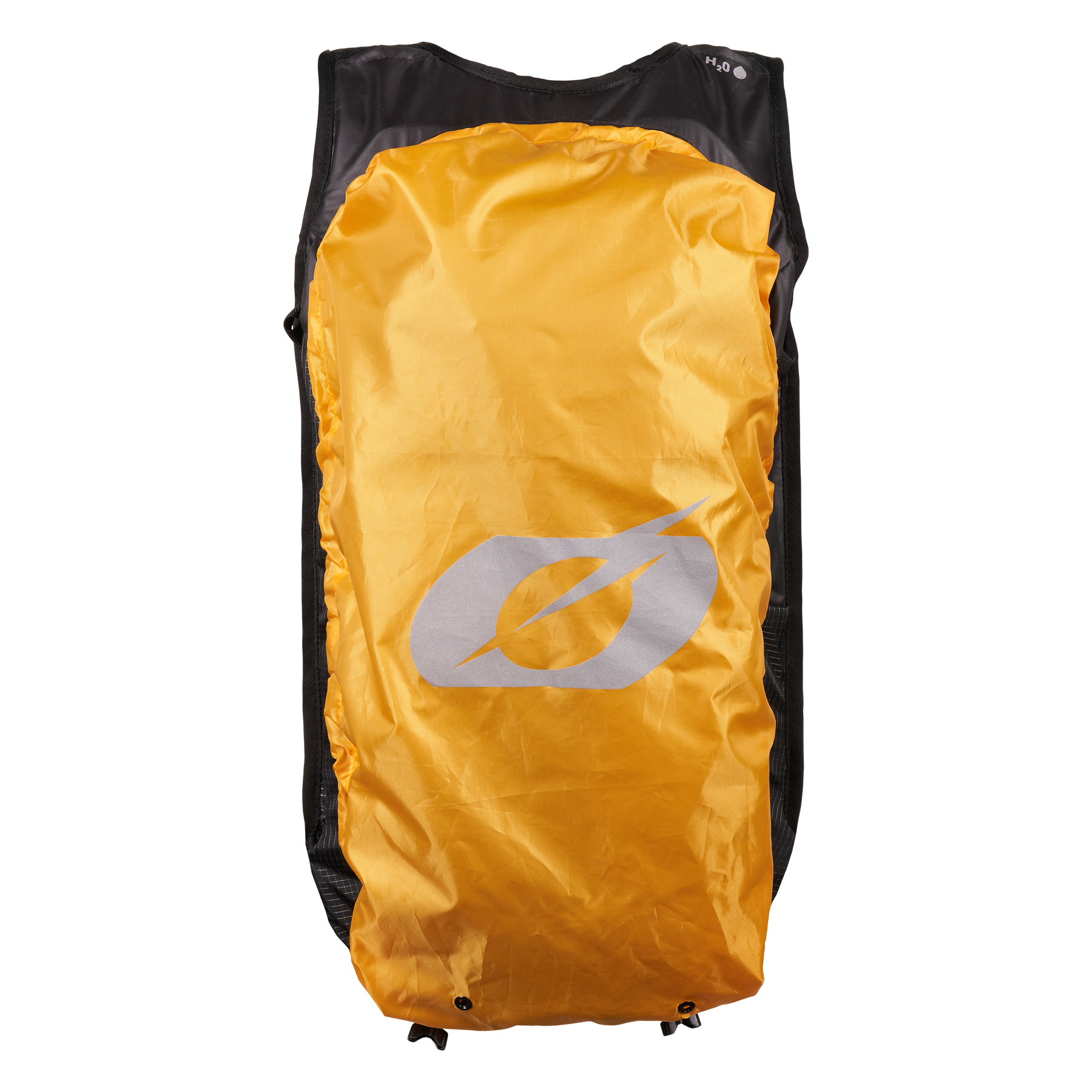 Ein gelb-schwarzer O'NEAL Europe JUNCTION MTB Protektorrucksack mit einem großen, hellen Blattlogo auf der gelben Vorderseite ist vor einem schlichten weißen Hintergrund abgebildet.