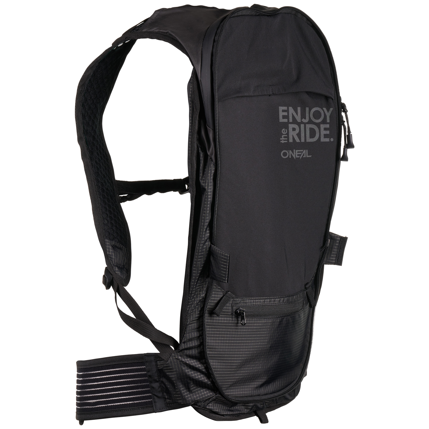 Ein schwarzer O'NEAL Europe JUNCTION MTB Protektorrucksack mit "ENJOY the RIDE." in Grau auf der Vorderseite, mit gepolsterten Trägern, einem Hüftgurt und mehreren Reißverschlussfächern.