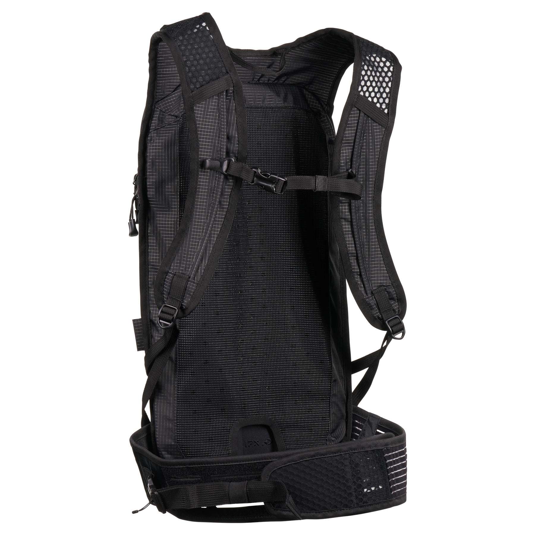 Der O'NEAL Europe JUNCTION MTB Protektorrucksack in Schwarz ist von hinten abgebildet und verfügt über gepolsterte Schultergurte, einen Brustgurt, ein belüftetes Rückenpanel und einen gepolsterten Hüftgurt mit Perforationen für Komfort bei jeder Fahrt.