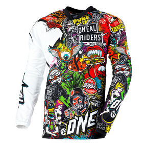 El maillot O'NEAL Mayhem CRANK presenta gráficos vibrantes de inspiración punk con calaveras, ojos y los llamativos logotipos "ONEAL RIDERS" y "ONE". Las mangas blancas y negras en contraste aportan un estilo llamativo y la alta calidad de O'NEAL.