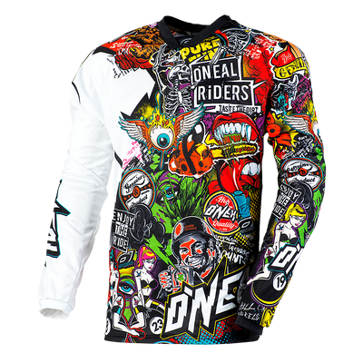 El maillot O'NEAL Mayhem CRANK presenta gráficos vibrantes de inspiración punk con calaveras, ojos y los llamativos logotipos "ONEAL RIDERS" y "ONE". Las mangas blancas y negras en contraste aportan un estilo llamativo y la alta calidad de O'NEAL.