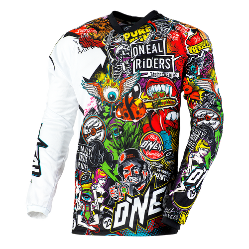 El maillot O'NEAL Mayhem CRANK presenta gráficos vibrantes de inspiración punk con calaveras, ojos y los llamativos logotipos 
