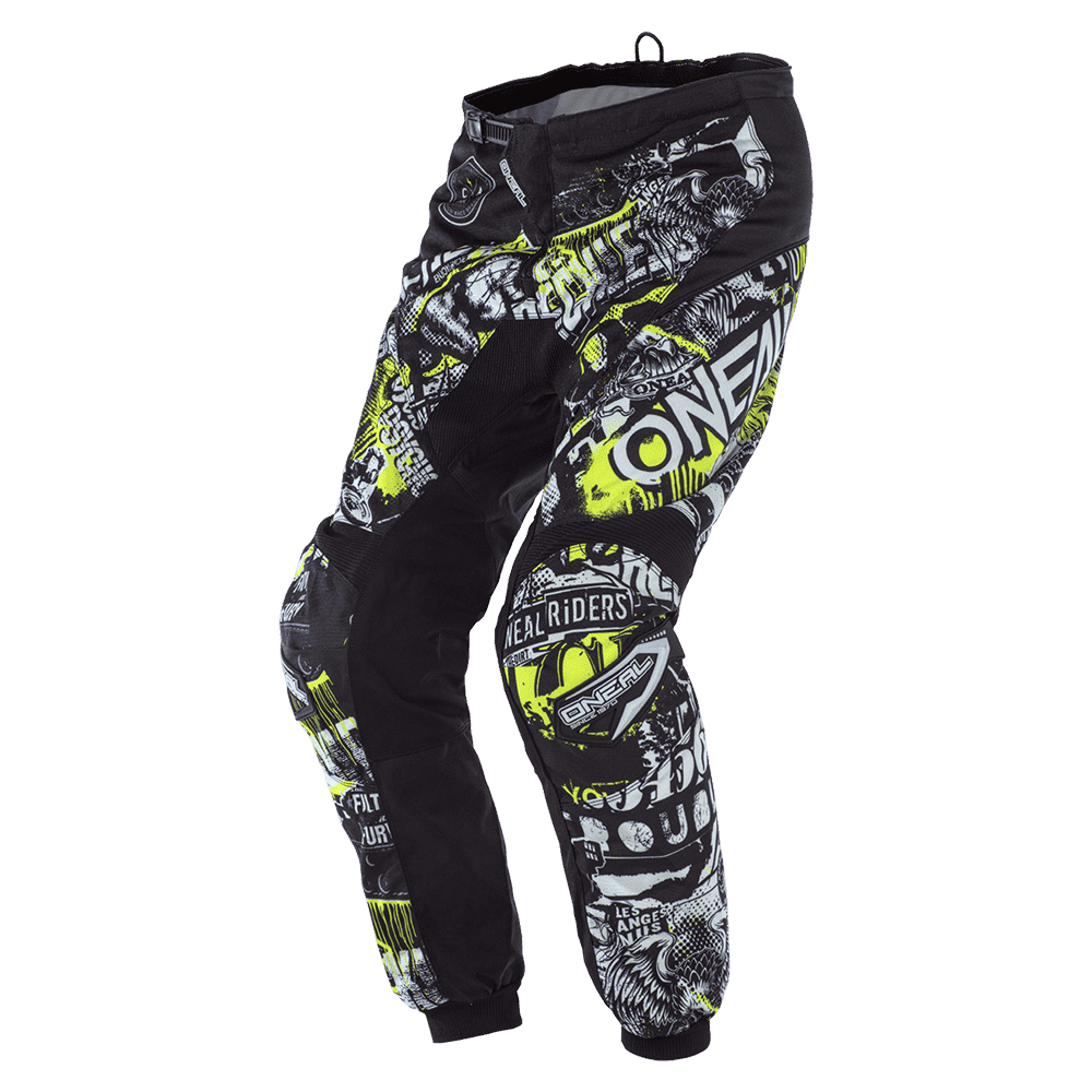 O'NEAL ELEMENT Hose Kinder ATTACK: Schwarze Motocross-Hose für Kinder mit auffälligen Grafiken in Weiß, Gelb und Grün sowie auffälligen Logos - ideal für junge MX-Fahrer, die auffälligen Stil und dauerhafte Haltbarkeit auf der Strecke wünschen.