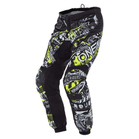 Pantalones O'NEAL Element Niños ATTACK: Pantalones negros de motocross para niños con llamativos gráficos en blanco, amarillo y verde y atrevidos logotipos - ideales para jóvenes pilotos de MX que quieren un estilo llamativo y una durabilidad duradera en la pista.
