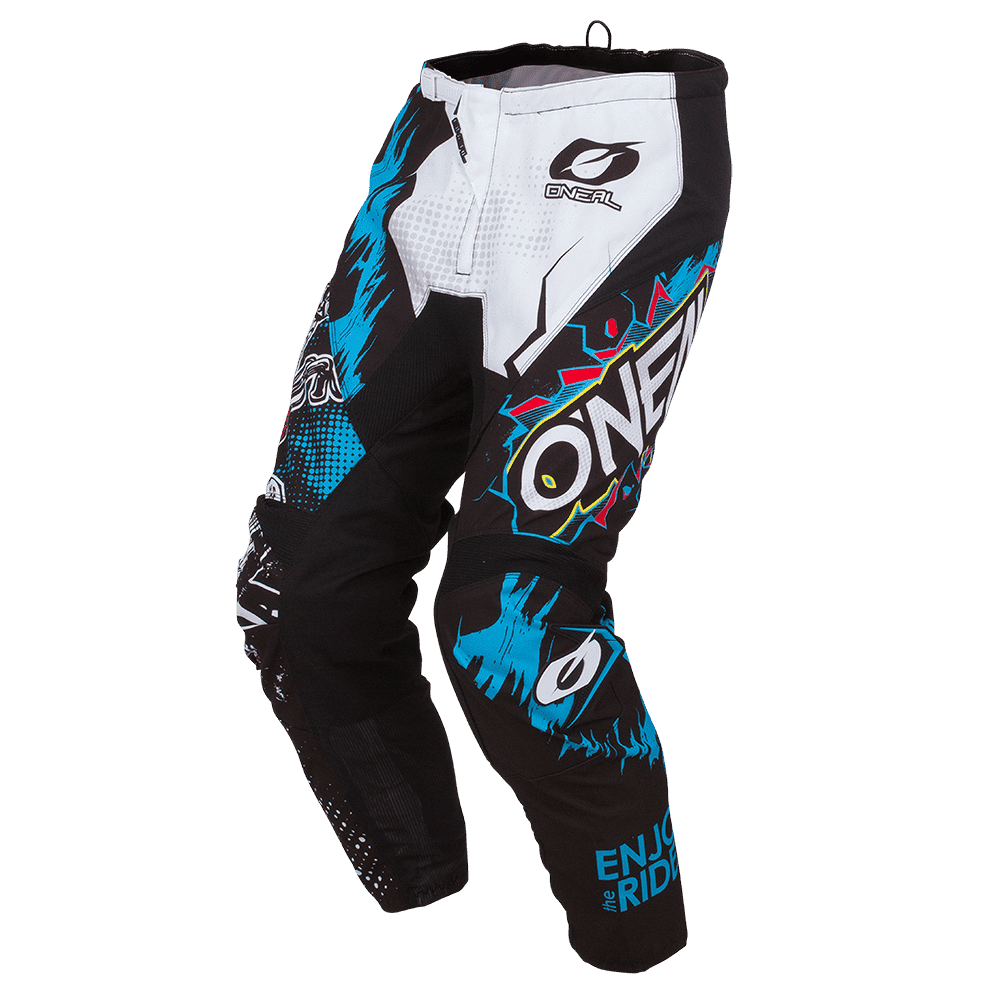 Die O'NEAL ELEMENT Hose Kinder VILLAIN ist eine schwarze Jugend-Motocross-Hose mit weißer, blauer und blaugrüner Grafik, die das O'NEAL-Logo und den Schriftzug "Enjoy the Ride" auf dem Unterschenkel zeigt - ideal für junge Fahrer.