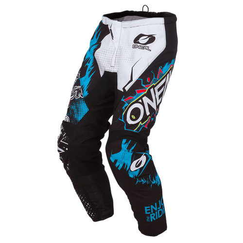 Gli O'NEAL Element Pants Bambini Villain sono pantaloni da motocross neri per giovani con grafiche bianche, blu e verde acqua con il logo O'NEAL e la scritta 