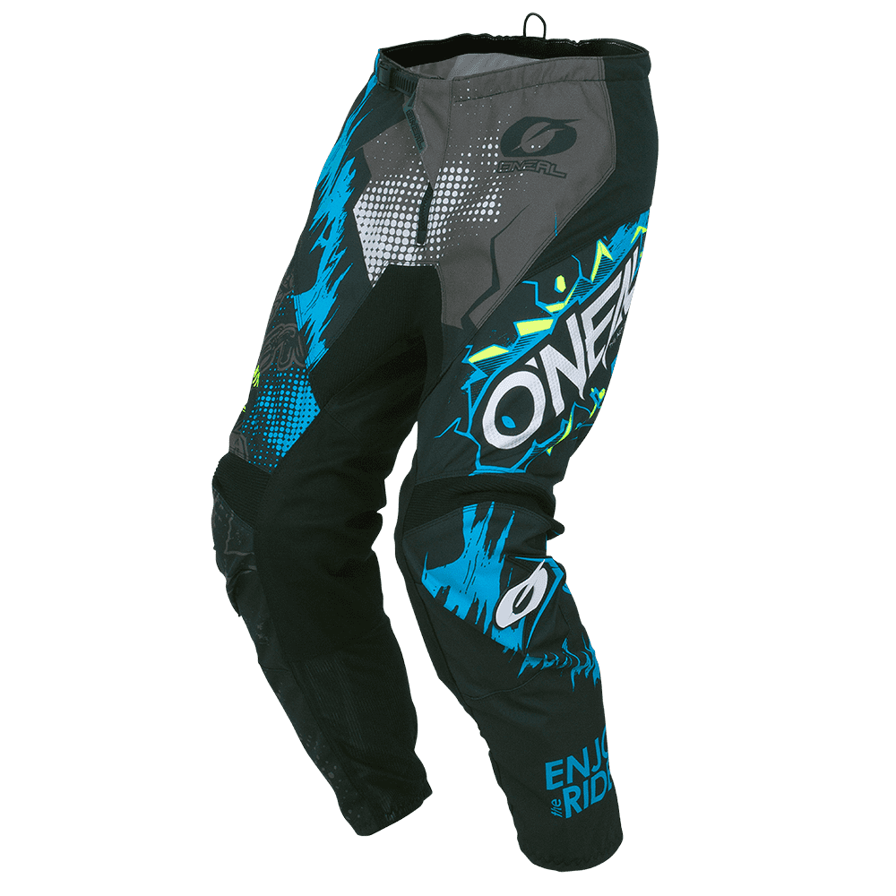 Die O'NEAL ELEMENT Hose VILLAIN ist eine Hose mit auffälligen Grafiken in Schwarz, Blau und Grau, dem Schriftzug "O'Neal" in auffälligen weißen Buchstaben, geometrischen Mustern und dem Schriftzug "ENJOY THE RIDE" am Unterschenkel für Motorsportfans, die Stil und Schutz suchen.