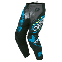 The O'NEAL ELEMENT pants VILLAIN are pants with eye-catching graphics in black, blue and gray, the lettering "O'Neal" in striking white letters, geometric patterns and the lettering "ENJOY THE RIDE" on the lower leg for motorsport fans who are looking for style and protection.