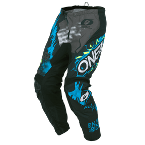 I pantaloni O'NEAL Element Villain presentano una grafica accattivante in nero, blu e grigio, la scritta "O'Neal" in grassetto bianco, motivi geometrici e la scritta "ENJOY THE RIDE" sulla parte inferiore della gamba per gli appassionati di motorsport che cercano stile e protezione.