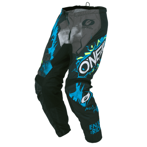 Le pantalon O'NEAL ELEMENT VILLAIN est un pantalon avec des graphiques voyants en noir, bleu et gris, l'inscription 
