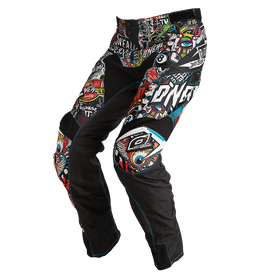Los pantalones de motocross O'NEAL Mayhem Pantalones CRANK de O'NEAL presentan llamativos y coloridos gráficos de estilo graffiti y diversos dibujos sobre un fondo negro. Estos pantalones transpirables se muestran sobre un fondo transparente.