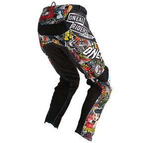 Los pantalones O'NEAL Mayhem CRANK son unos pantalones de motocross con llamativos gráficos de estilo cómic, múltiples logotipos, material transpirable, inserciones negras y un ajuste ergonómico de O'NEAL. Se muestra sobre un fondo blanco liso.