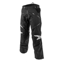 The O'NEAL Baja pants by O'NEAL feature reinforced knees, zippered pockets and logo details on the thigh that emphasize innovation and quality in a black and white design on a white background.