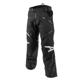 The O'NEAL Baja pants by O'NEAL feature reinforced knees, zippered pockets and logo details on the thigh that emphasize innovation and quality in a black and white design on a white background.