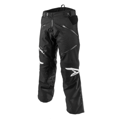 The O'NEAL Baja pants by O'NEAL feature reinforced knees, zippered pockets and logo details on the thigh that emphasize innovation and quality in a black and white design on a white background.
