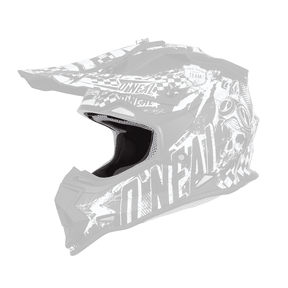 Le casque pour jeunes O'NEAL Liner & Cheek Pads 2SRS se caractérise par des graphiques noirs et blancs accrocheurs, dont des têtes de mort, des motifs à carreaux et le logo "O'NEAL" sur les côtés.