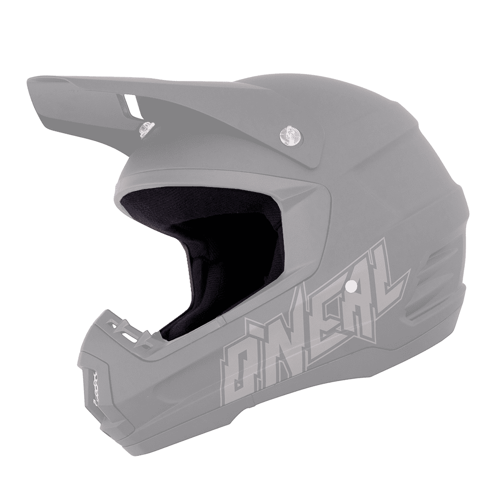 Der O'NEAL Liner & Cheek Pads 2SRS Helm ist ein mattschwarzer Offroad-Vollgesichtshelm mit Visier und seitlichem Branding, der für den Kopfschutz beim Motocrossfahren konzipiert wurde.