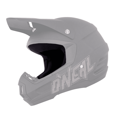 El casco O'NEAL Liner & Cheek Pads 2SRS es un casco integral todoterreno negro mate con visera y marca lateral, diseñado para proteger la cabeza cuando se practica motocross.
