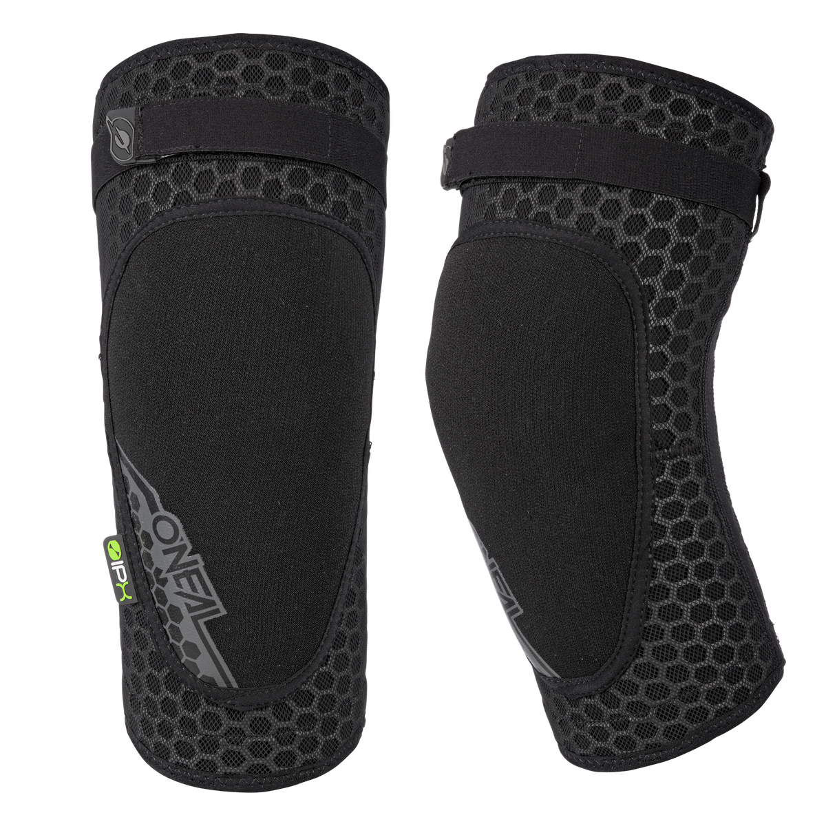 Las coderas O'NEAL REDEEMA son coderas negras de tejido de nido de abeja con cierres de velcro y el logotipo de O'NEAL, ideales para hacer deporte, montar en bicicleta o como equipo de protección/rodilleras.