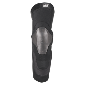 Der O'NEAL Europe O'NEAL DIRT FLX Hybrid Knee ist ein schwarzer Level-2 Schutz Knieprotektor mit einem harten, perforierten Kunststoff-Mittelschild für Top-Durchstichschutz - ideal für Sport oder Motocross, abgebildet auf einem weißen Hintergrund.