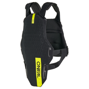 La protezione toracica O'NEAL DIRT FLX, nera e gialla con cinghie regolabili, realizzata in materiale IPX TPE e con una protezione di livello 2 per lo sport o la moto, è mostrata su uno sfondo bianco.
