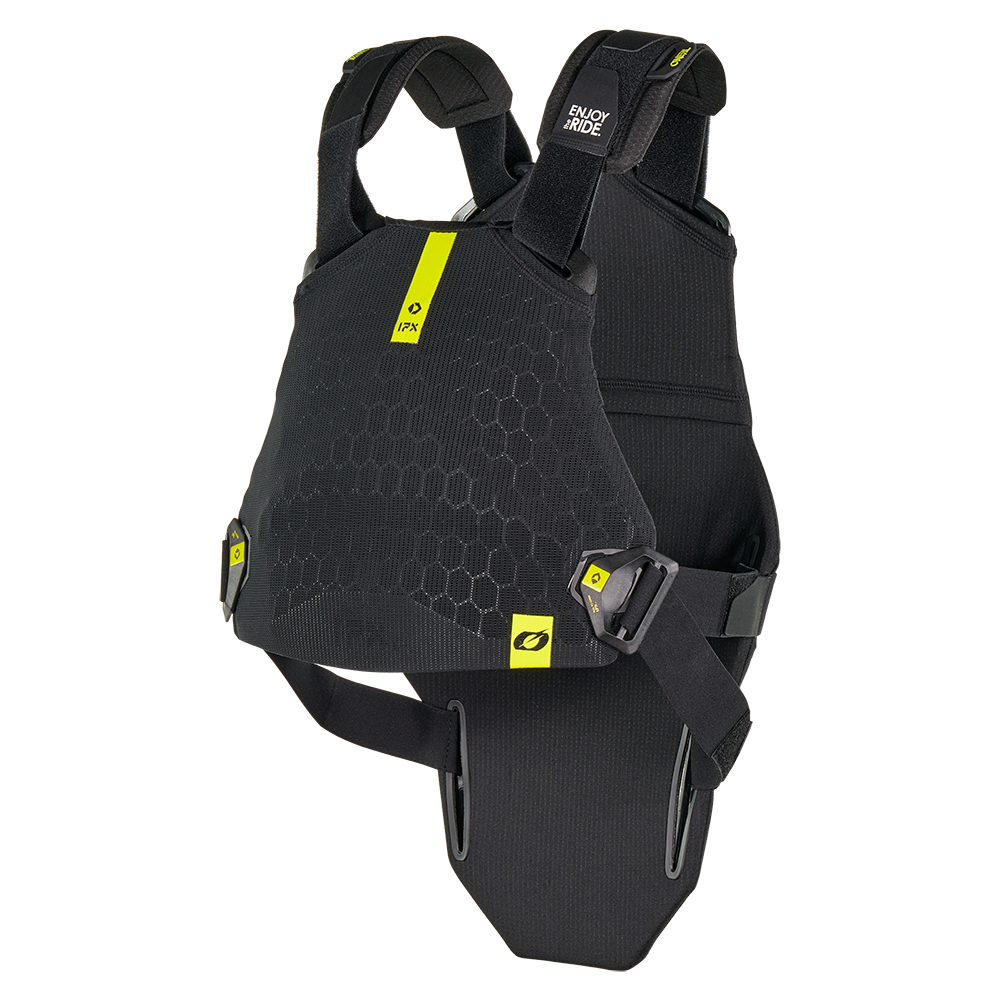 Der O'NEAL DIRT FLX Chest Protector ist eine schwarz-gelbe Sportweste mit sechseckigem Muster, verstellbaren Trägern, Schulterpolstern und IPX-TPE-Material für Oberkörperschutz der Stufe 2.