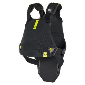 L'O'NEAL DIRT FLX Chest Protector è un gilet sportivo nero e giallo con motivo esagonale, bretelle regolabili, spalline e materiale IPX TPE per una protezione di livello 2 della parte superiore del corpo.