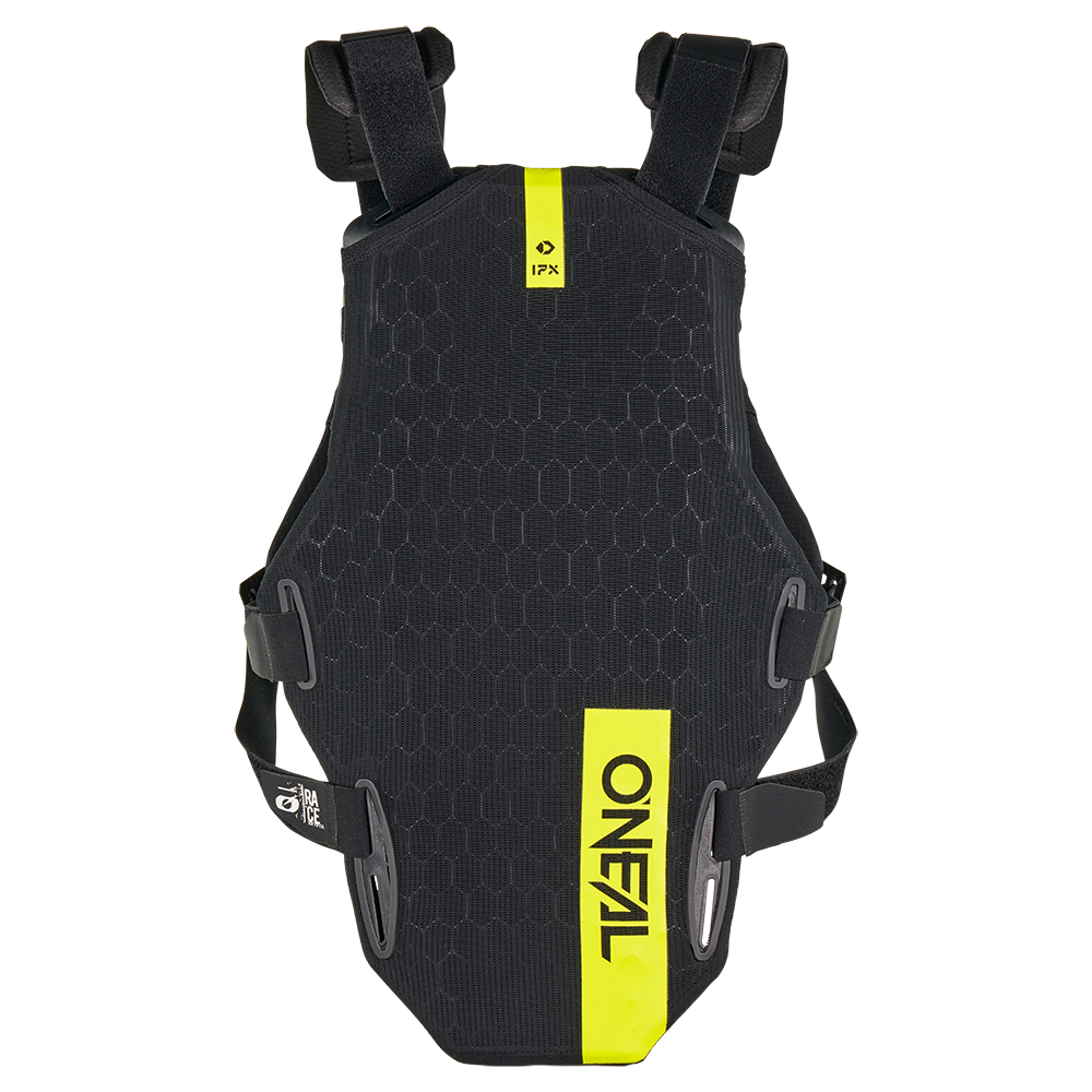 Der O'NEAL DIRT FLX Chest Protector ist schwarz, hat ein sechseckiges Muster, verstellbare Schulter-/Taillengurte, IPX TPE Material, einen gelben vertikalen O'NEAL Logostreifen auf der rechten Seite und ist für zusätzliche Sicherheit Level 2 Protektor zertifiziert.