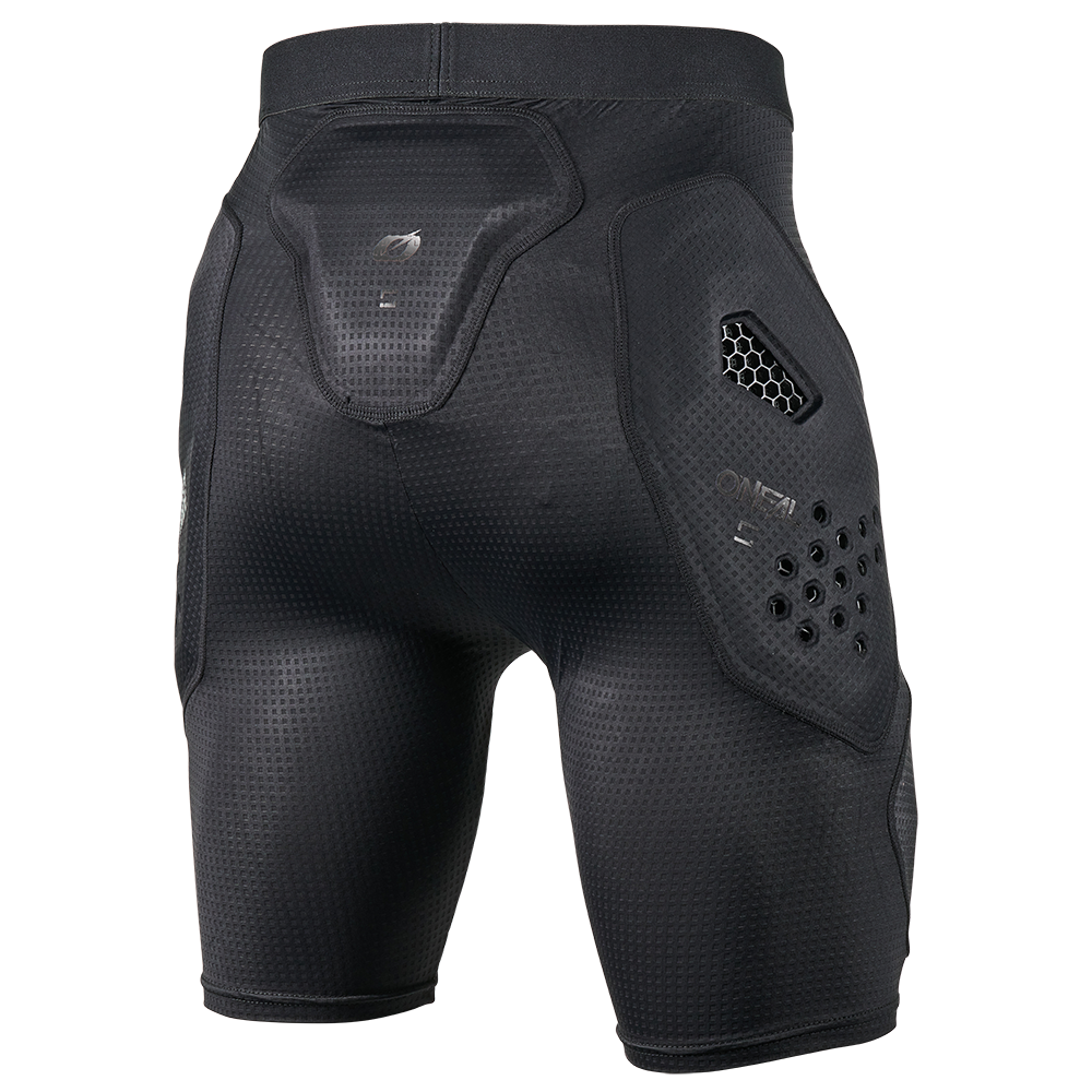 The O'NEAL Europe DIRT FLX Crash Shorts in black feature IPX® pads on the hips and tailbone, textured surfaces and ventilation holes for impact protection during sports or physical activities.