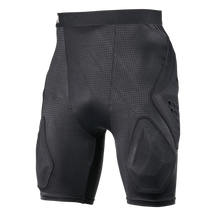 Die O'NEAL Europe DIRT FLX Crash Shorts in Schwarz ist mit einer netzartigen Struktur, einer Oberschenkel- und Seitenpolsterung und IPX®-Schutz ausgestattet und zeigt sich auf einem schlichten weißen Hintergrund.