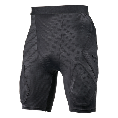 Die O'NEAL Europe DIRT FLX Crash Shorts in Schwarz ist mit einer netzartigen Struktur, einer Oberschenkel- und Seitenpolsterung und IPX®-Schutz ausgestattet und zeigt sich auf einem schlichten weißen Hintergrund.