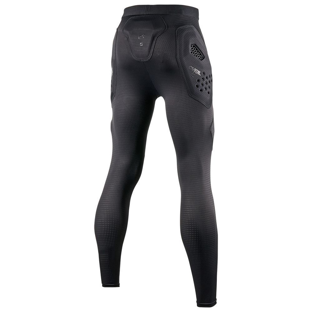 Schwarze O'NEAL DIRT FLX Crash Pants von O'NEAL Europe mit verstärkten Einsätzen und IPX-Waben-TPE-Polsterung an Hüfte und Steißbein, von hinten auf weißem Grund dargestellt. Ideale Protektorhose für zusätzlichen Schutz. Farbe: Schwarz.
