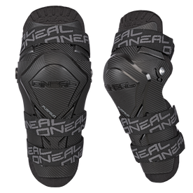 A pair of black O'NEAL PUMPGUN MX knee pads with adjustable straps and protective cover for sports or motorcycling, shown from the front and side on a white background.