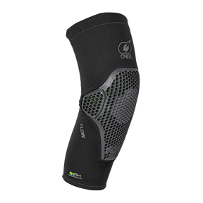 La genouillère O'NEAL FLOW dispose d'un coussin de protection flexible à motifs hexagonaux sur le devant et d'un logo O'NEAL blanc. Cette protection offre un ajustement parfait pour une protection optimale lors des activités de sports d'action.