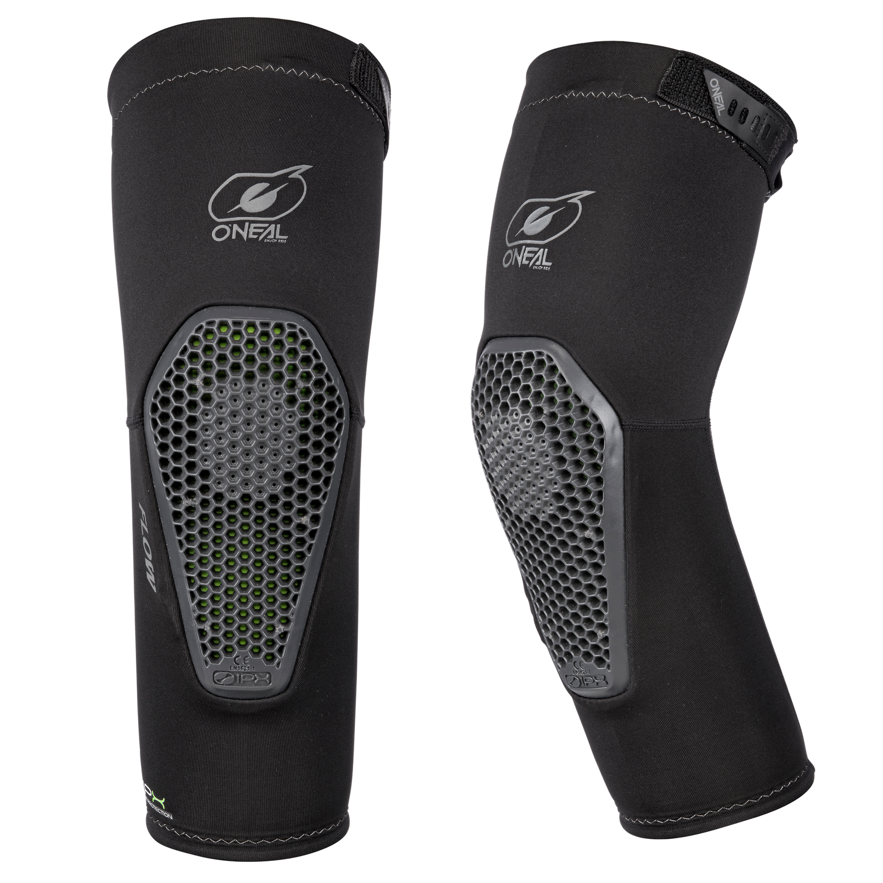 Die O'NEAL FLOW Ellbogenschützer sind schwarze Ellbogenschützer mit Wabenmuster und sichtbarem Branding. Sie bieten leichten Bike-Schutz und Sicherheit beim Sport oder Biken.