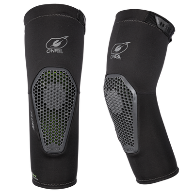 Les protège-coudes O'NEAL FLOW sont des protège-coudes noirs avec un motif en nid d'abeille et un branding visible. Ils offrent une protection légère pour le vélo et la sécurité pendant le sport ou le vélo.