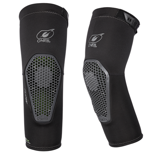 Les protège-coudes O'NEAL FLOW sont des protège-coudes noirs avec un motif en nid d'abeille et un branding visible. Ils offrent une protection légère pour le vélo et la sécurité pendant le sport ou le vélo.